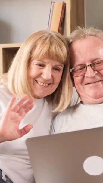 Ein Verliebtes Lächelndes Älteres Paar Spricht Auf Einem Sofa Sitzend — Stockvideo