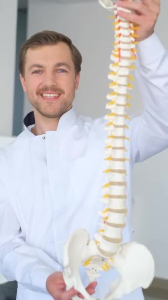 カイロプラクターの垂直ビデオは背中を治療する方法を説明し 背骨のモデルを示しています 背中の痛み 医学の概念 バーティカルビデオ — ストック動画