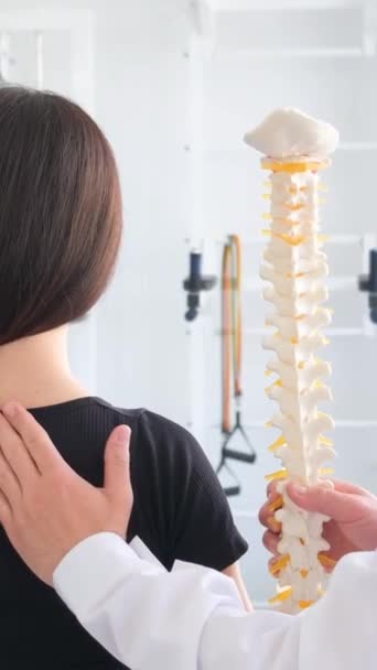女性患者在椎体治疗中心的理疗师那里检查脊柱 与语言学家会诊的妇女 垂直录像 — 图库视频影像