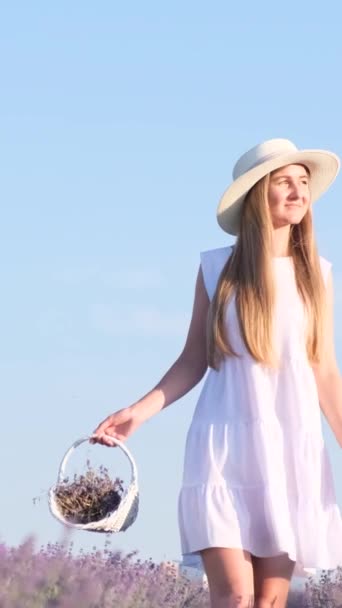 一个美丽的视频 一个身材苗条 身穿白色衣服的年轻女子在薰衣草中面对美丽的蓝天散步 普罗旺斯的枪击案广告拍摄 垂直录像 — 图库视频影像