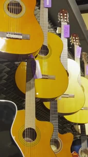 Velký Výběr Akustických Kytar Hudebním Obchodě Smyčcové Hudební Nástroje Svislé — Stock video