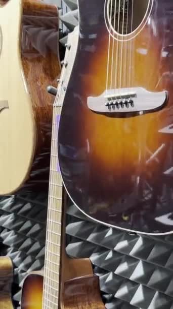 购买各种尺寸和颜色的音响吉他手 乐器的概念 垂直录像 — 图库视频影像
