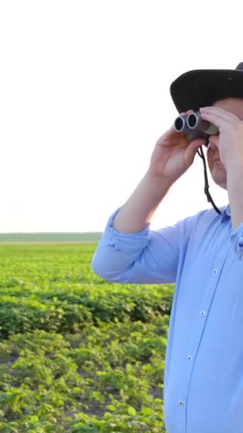 Agrónomo Examina Campo Soja Con Binoculares Agricultura Vídeo Vertical — Vídeos de Stock