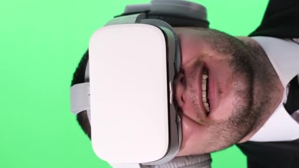 Young Man Business Suit Virtual Reality Glasses Shows Thumbs Satisfied — Stock Video