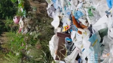 Citarum Nehri 'nde plastik çöp, Java Adası, Endonezya. Çevre kirliliği ve çevresel felaket kavramı. Plastik atık sorunu. Dikey video