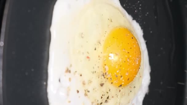 用平底锅煮鸡蛋 香料落在煎蛋上 美味的早餐 垂直录像 — 图库视频影像
