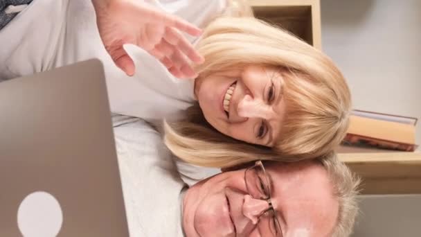 Smiling Senior Couple Love Talking Video Call Computer While Sitting — Stock Video