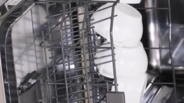 食器洗い機からの皿の荷を下すこと 洗練された光沢のある食器洗い機 バーティカルビデオ — ストック動画