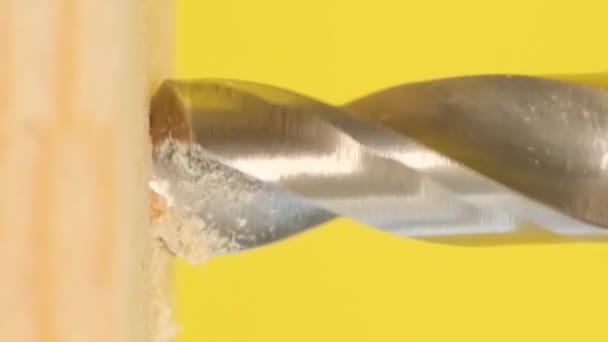 Super Slow Motion Drilling Holes Wood Drill Drill Rotates Yellow — Stock Video