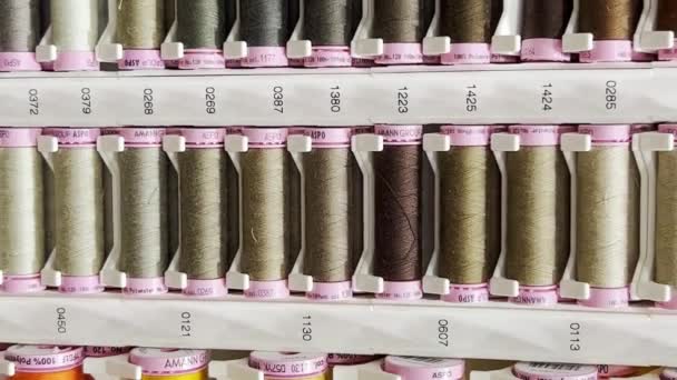 衣料品のアトリエのワークショップにラックに置かれたさまざまな色の多くの糸 バーティカルビデオ — ストック動画