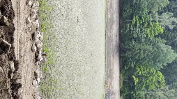割れた粘土の自然な質感を持つ乾燥した川 自然界における環境災害 地球温暖化 バーティカルビデオ — ストック動画