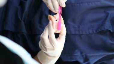 Ağız boşluğundaki bir mankenin dişlerini nasıl fırçalayacağını gösteren dişçinin elleri, çeneler. Düzgün diş temizleme teknolojisi. Dikey video