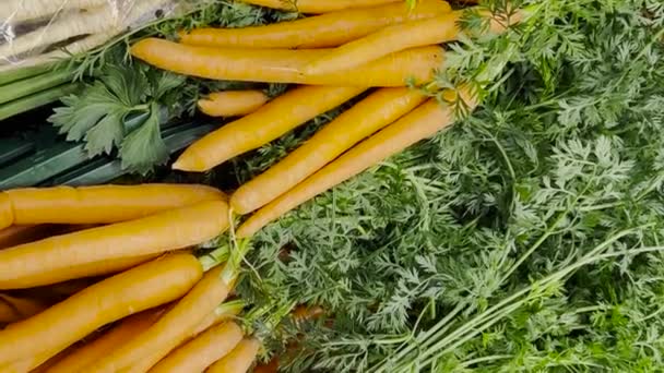 若い女性が市場で野菜を買って ニンジンを調べる ベジタリアン主義の概念 バーティカルビデオ — ストック動画