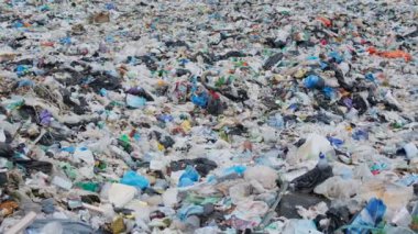 Ormanın ortasında bir sürü plastik atık var. İnsansız hava aracı çöp ve plastik şişe atıklarının üzerinde çok alçaktan uçuyor. Ekoloji sorunu..