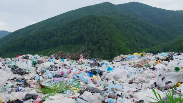 Vertedero Medio Hermosas Montañas Bosques Vertedero Residuos Plásticos Desastre Ambiental — Vídeos de Stock