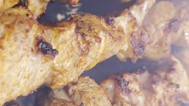 Kızarmış domuz eti. Açık ateşte füme kebap. Kapatın. Dikey video.