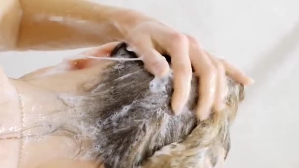 Woman Washing Her Hair Shampoo Shower Back View Showering Long — Stock Video