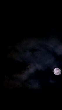Gece vakti, parlak sarı bir ayın karanlık bulutların arasında kaybolması. Astroloji konsepti. Dikey video