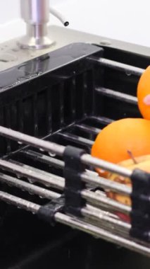 Mutfak lavabosunda elma yıkayan bir kadının elleri meyveli taze bir kahvaltı hazırlıyor. Vegan gıda konsepti. Dikey video
