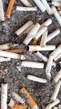 Kül tablasına saçılmış füme sigaraların arka planı daire şeklinde döner. Sigara içmek sağlığınız için zararlı olabilir. Çevreye zararlı sigaralar. Dikey video