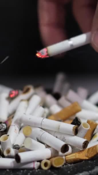 Mans Hand Presses Cigarette Butt Large Number Cigarettes Harmful Habits — Vídeos de Stock