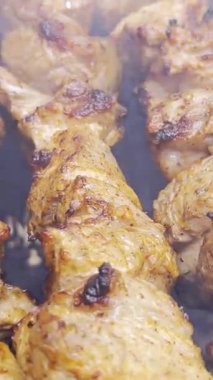 Kızarmış domuz eti. Açık ateşte füme kebap. Kapatın. Dikey video.