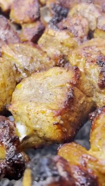 Szakács Barbecue Készít Sertéshúsból Grillsütés Egy Nyílt Tűzön Forog Közelről — Stock videók