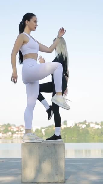 在公园的室外健身训练中 年轻的积极女教练 漂亮的女人做健身锻炼 垂直录像 — 图库视频影像