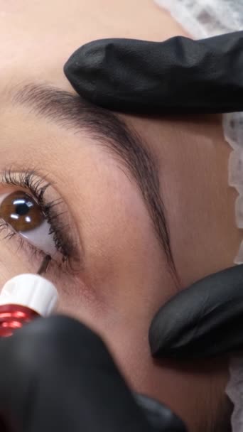 Yakın Plan Stilisti Bir Kadının Gözünün Kirpiklerine Siyah Rimel Sürüyor — Stok video
