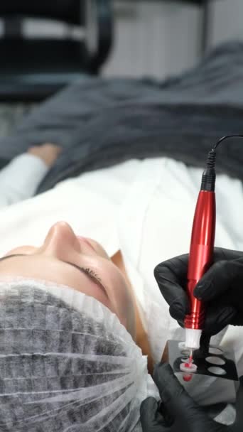 Maquiador Aplica Tinta Nos Lábios Uma Jovem Processo Aplicação Maquiagem — Vídeo de Stock