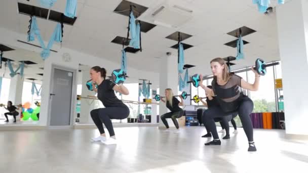 Fit Aktivní Ženy Dřepí Činky Během Tělocviku Cvičení Cvičení Nebo — Stock video