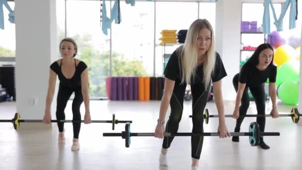 Aktive Frauen Hocken Mit Kurzhanteln Beim Training Fitnessstudio Eine Gruppe — Stockvideo