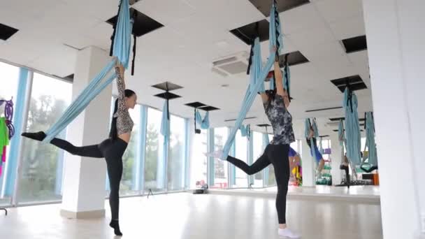 Trening Pięknych Gimnastyczek Płótnach Akrobatyka Energetyczna Jest Organicznie Połączona Choreografią — Wideo stockowe