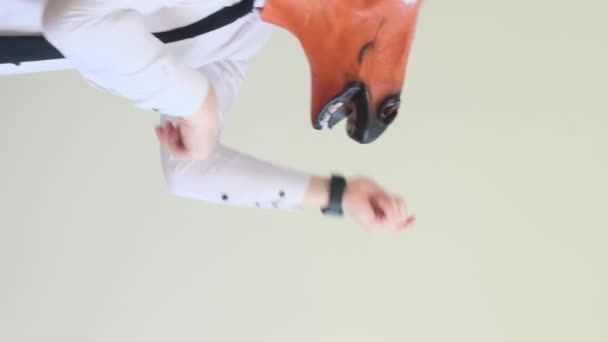 Crazy Young Man Horse Mask Dancing Rhythmically White Background Slow — Stock Video