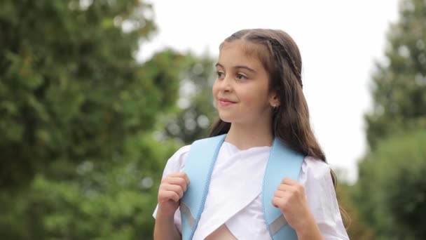 Маленька Дівчинка Рюкзаком Плечах Ходить Школи Початок Навчання Початковій Школі — стокове відео