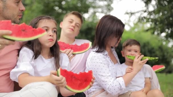 Uma Família Piquenique Natureza Eles Comem Uma Melancia Vermelha Madura — Vídeo de Stock
