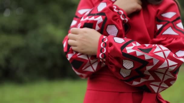 Una Niña Ucraniana Hermoso Vestido Bordado Rojo Está Caminando Parque — Vídeos de Stock