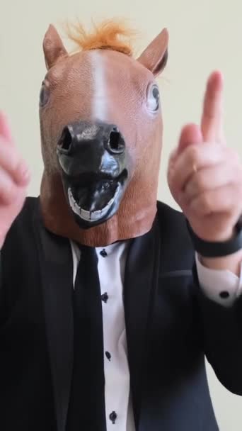 Strange Man Costume Horse Mask Dancing Cheerfully White Background Crazy — Stock Video