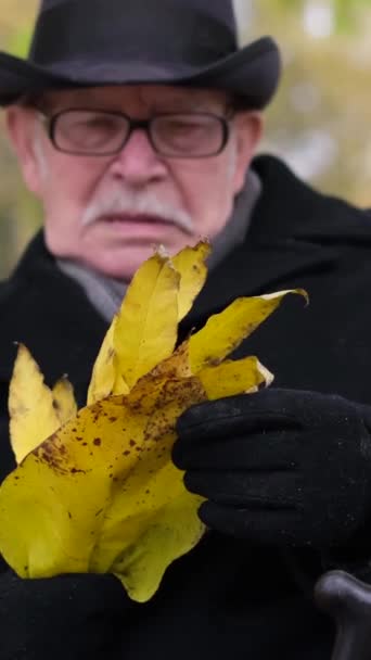 Stary Samotny Człowiek Czarnym Płaszczu Kapeluszu Siedzi Jesiennym Parku Trzyma — Wideo stockowe