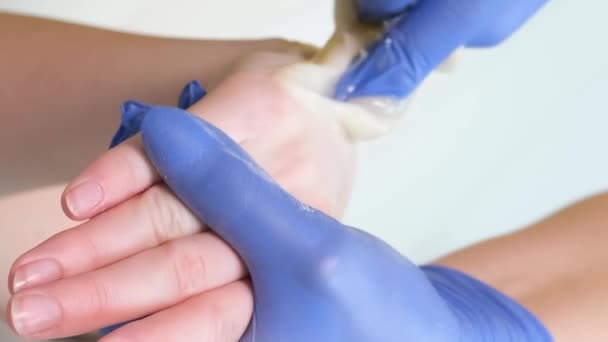 Removing Unnecessary Hair Hands Procedure Sugaring Beauty Salon Depilatory Sugar — Stock Video