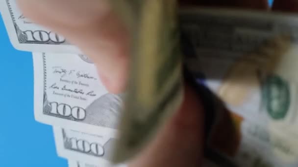 Close Mans Hands Counting Dollar Bills Selective Focus Stack Cash — Stock Video