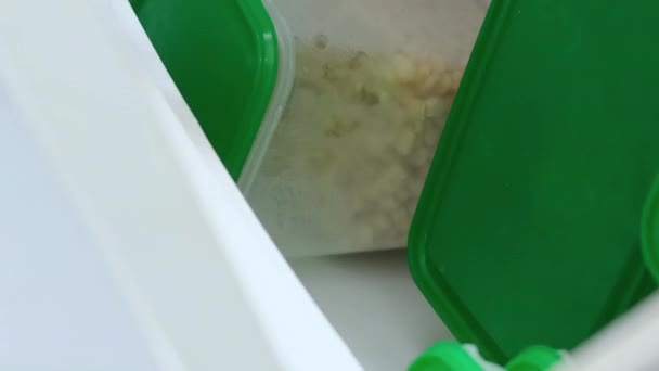 Kobieta Ostrożnie Wkłada Gotowe Jedzenie Pojemnika Przechowywania Następnie Wkłada Lodówki — Wideo stockowe