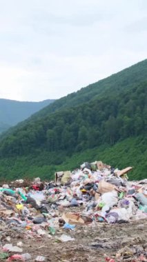 Güzel yeşil dağların ortasında bir çöp sahası. Plastik atıkları ortadan kaldırma sorunları. Dikey video.