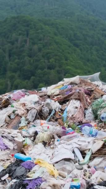 美しい山の真ん中にある大きなゴミ捨て場 プラスチック廃棄物のゴミ捨て場 生態学的な災害 有毒廃棄物 バーティカルビデオ — ストック動画