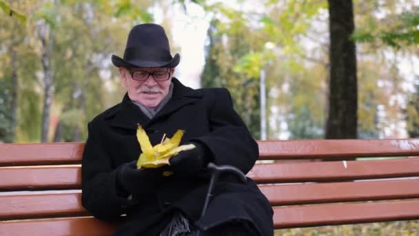 爷爷在一个阳光明媚的秋日坐在城市公园里休息 沮丧的时刻 — 图库视频影像