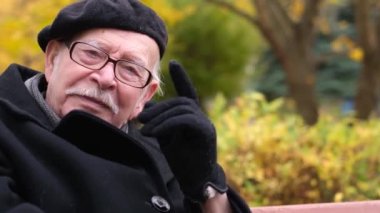 Yaşlı bilge bir adam sonbahar parkının arka planındaki kameraya parmağını sallıyor. Emekli üniversite profesörü. Zeki adam.