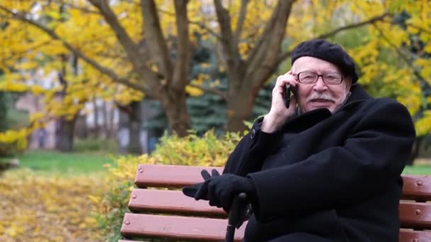 Старик Очках Сидит Скамейке Парке Разговаривает Мобильному Телефону Использование Гаджетов — стоковое видео