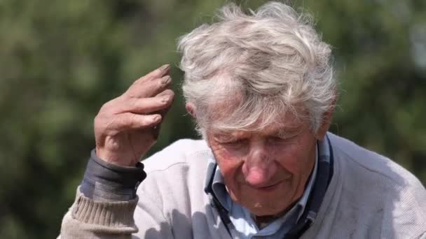 Portretul Unui Vechi Bunic Părul Gri Care Fixează Părul Mâna — Videoclip de stoc