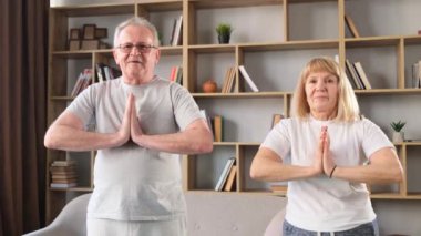 Yaşlı bir çift evde yoga egzersizleri yapıyor. Emekliler için çevrimiçi eğitim. Yoga konsepti.