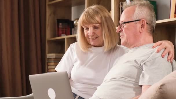 Üst Düzey Bir Çift Dizüstü Bilgisayarda Birlikte Çalışıyor Emekliler Evde — Stok video